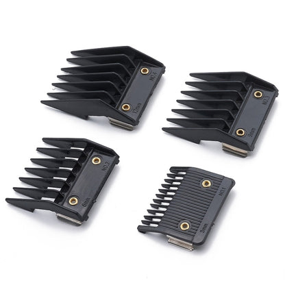 Hair clipper guide comb set with black blades and gold screw mounts