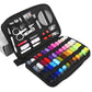 Open sewing kit case with multi-color thread spools and various sewing tools inside
