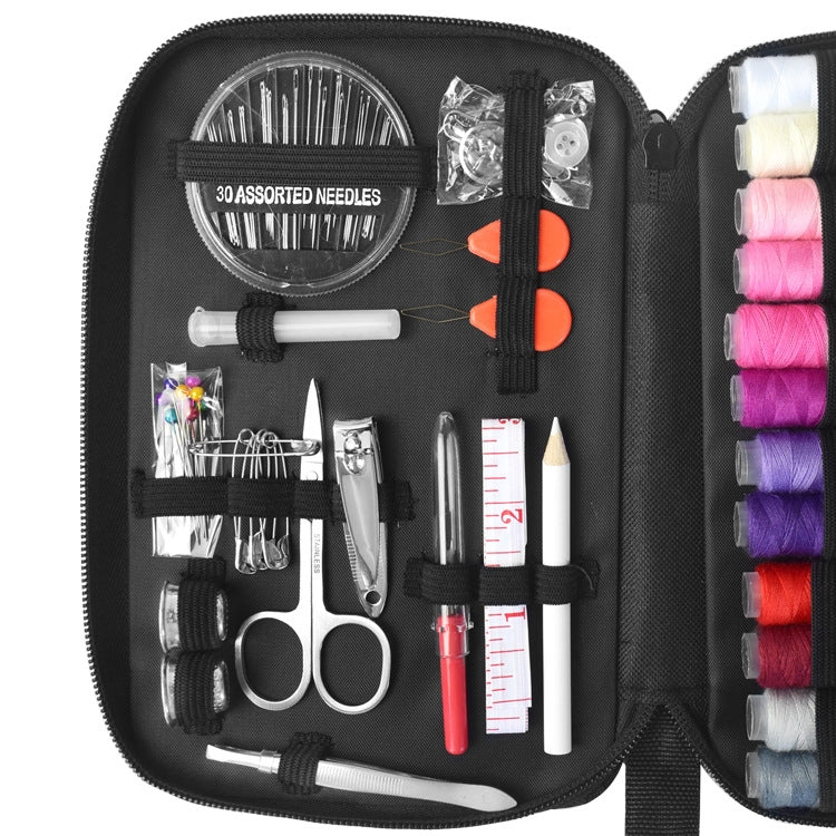 Open sewing kit organizer with assorted needles, seam tools, and colorful thread bobbins