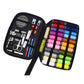 Two-section sewing kit case with needle tools and multicolor thread spools