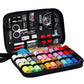 Portable sewing kit case with colorful thread spools and metal sewing tools