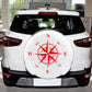 Red compass rose car sticker on rear spare-wheel cover with N E S W
