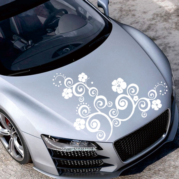 White floral totem car hood sticker with swirling vines and flower icons.
