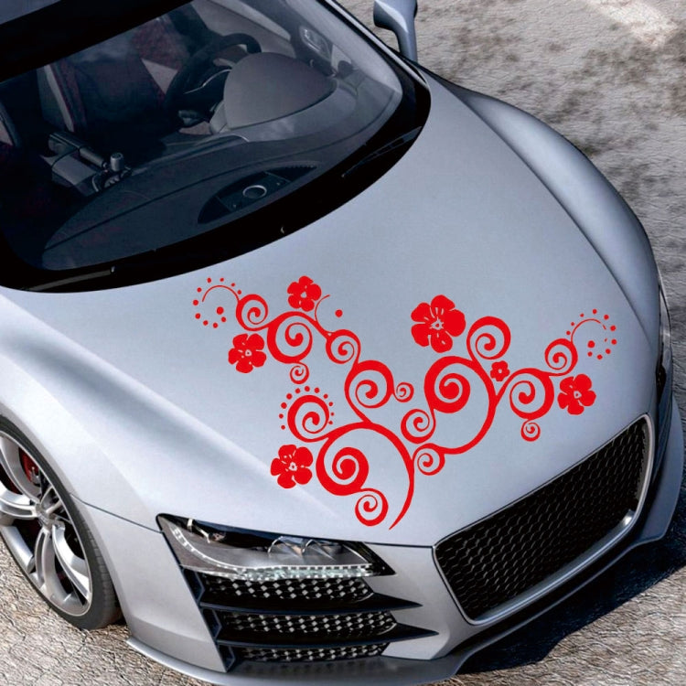 Red floral totem car hood sticker with decorative swirls and flower icons.