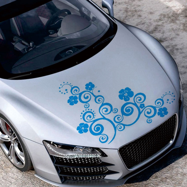 Blue floral totem car hood sticker with swirling vines and flower icons.