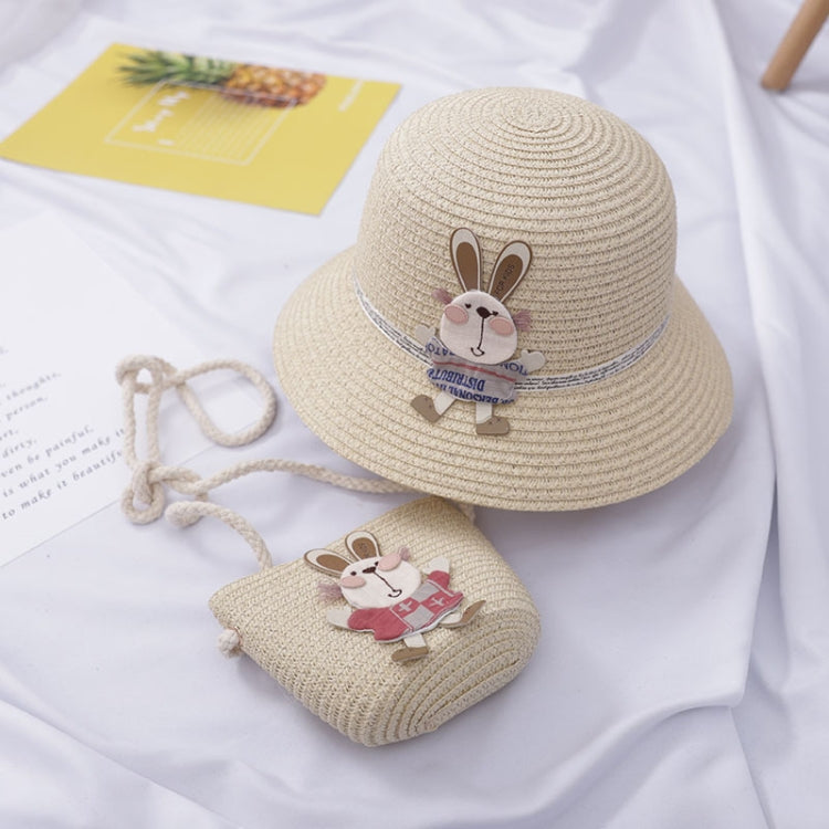 Children beach straw hat set with matching rabbit pouch bag, beige/tan