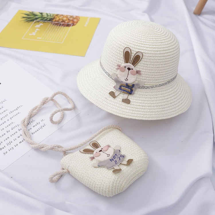 Children beach straw hat set with matching rabbit pouch bag, off-white