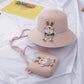 Children beach straw hat set with matching rabbit pouch bag, light pink