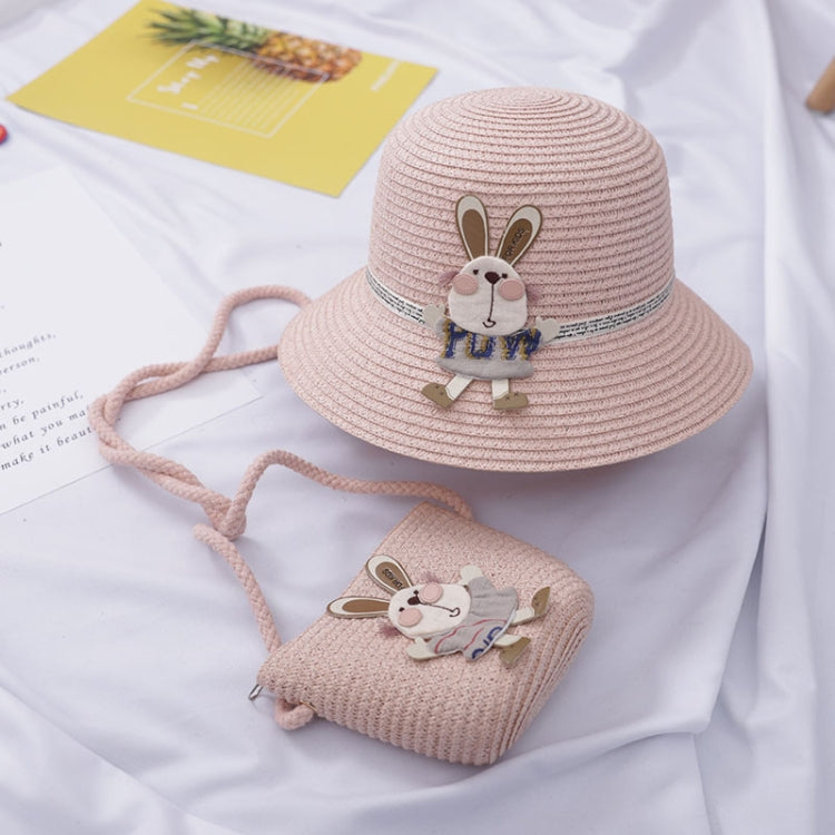 Children beach straw hat set with matching rabbit pouch bag, light pink