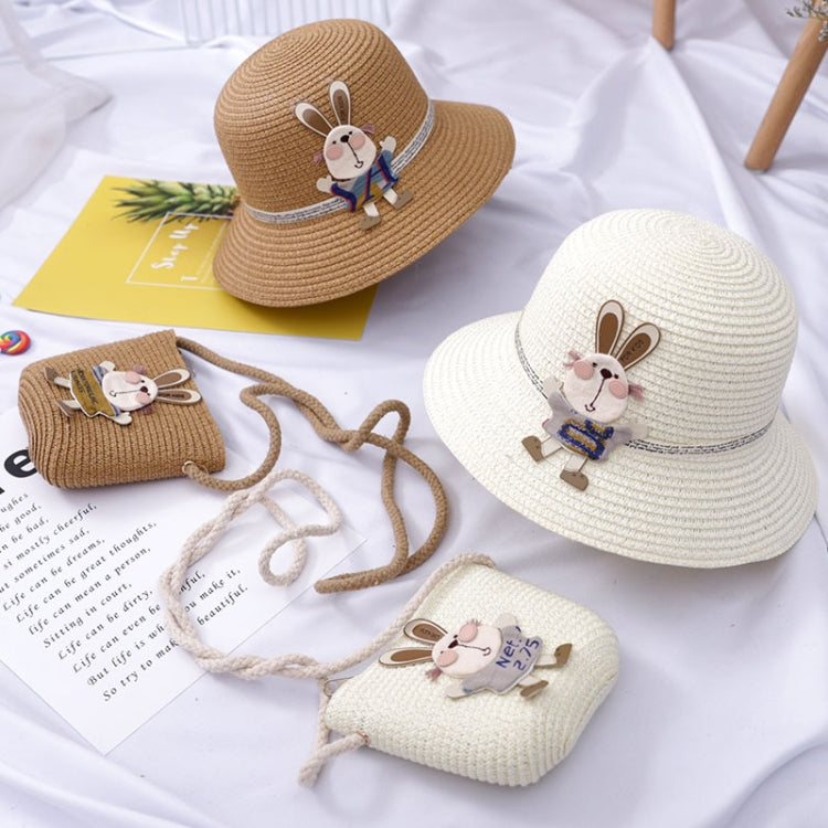Children beach straw hat set with matching rabbit pouch bag, tan and off-white