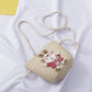 Children straw pouch bag with rabbit patch and drawstring, beige