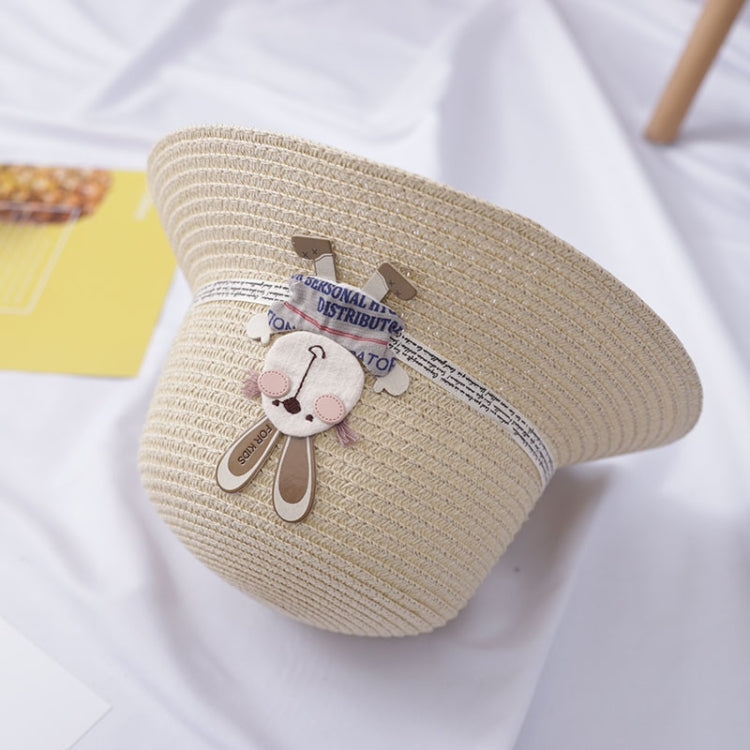 Children straw sun hat with rabbit applique, beige