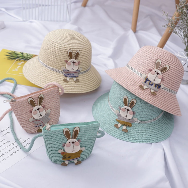 Kids 2-in-1 beach hat and bag set, woven straw, bunny patch, khaki pink mint