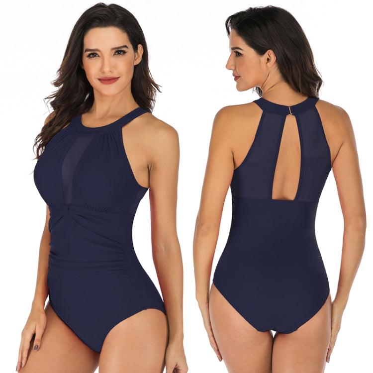 Ladies halter neck swimsuit, slim navy one-piece; front view and open-back keyhole