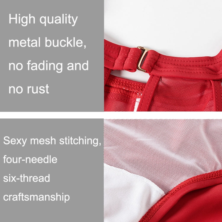 Red halter neck one-piece swimsuit with metal buckle detail and mesh stitching