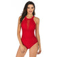 Red halter-neck one-piece swimsuit with high neckline and sheer center panel, front stance view.