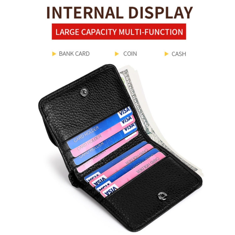 Black leather coin purse wallet with snap closure and card slot lining