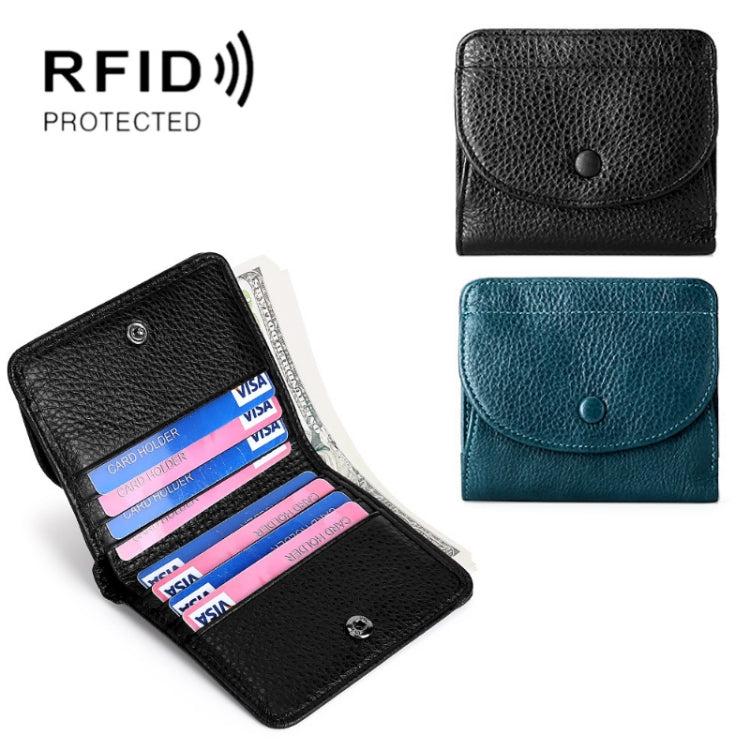 Set of leather coin purses: black open card slots; blue snap-closed front
