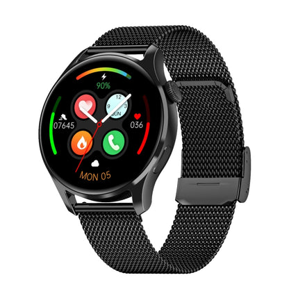 Black smartwatch with black mesh band and colorful health icons on a round display