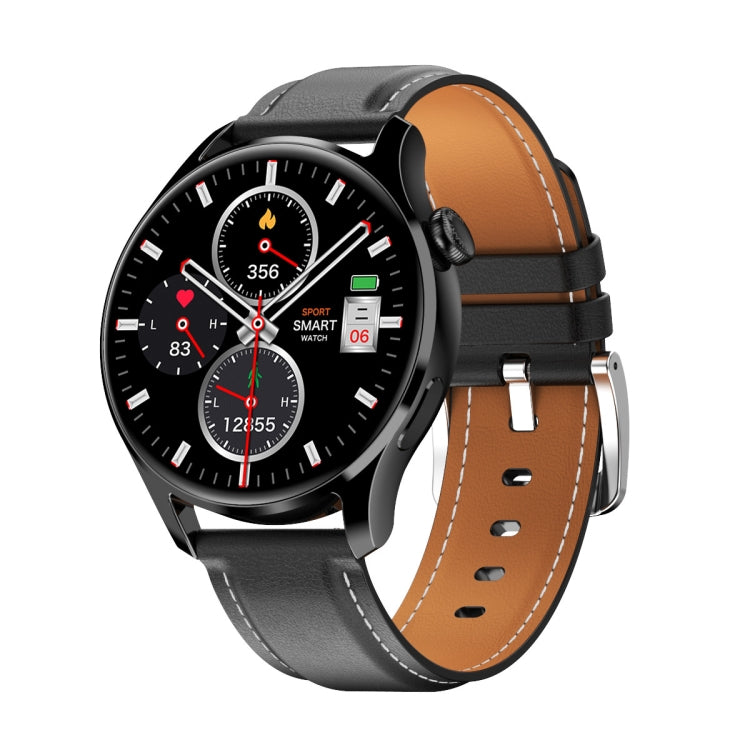 Black smartwatch with orange leather strap and round display with health and activity gauges