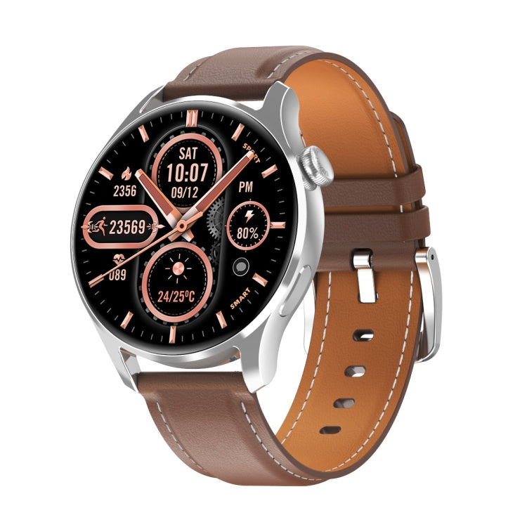 Silver smartwatch with brown leather strap and round display with health and activity gauges