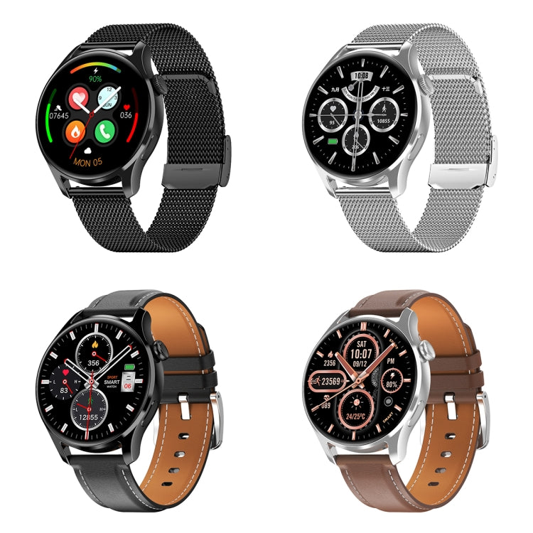 Four smartwatches with different strap colors and round displays, including mesh and leather