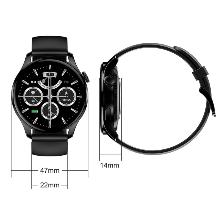Black smartwatch side view with black strap, showing round case and crown