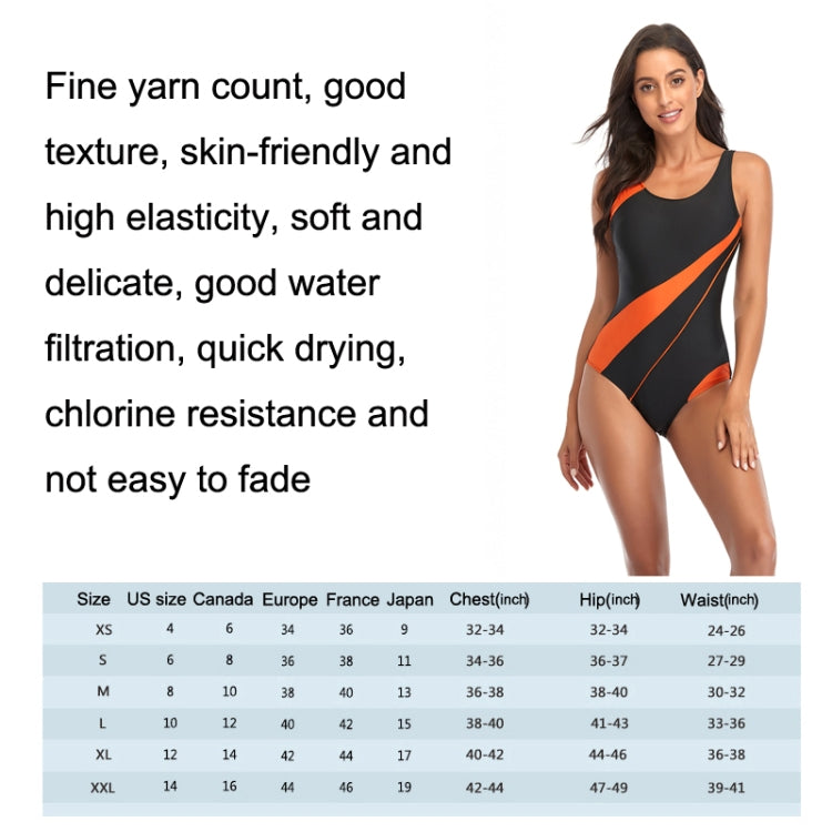 Women's one-piece triangle swimsuit with chest pad, black and orange diagonal stripe