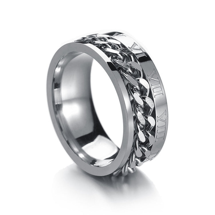 Steel-tone ring with chain texture band and roman numerals on outer side