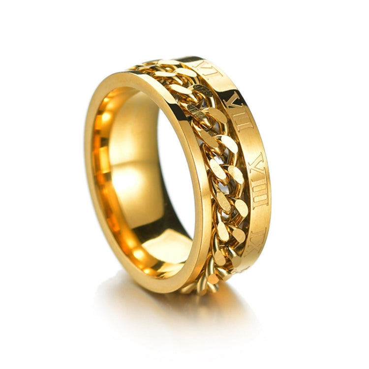 Gold metal ring with chain-style detailing and roman numeral engravings