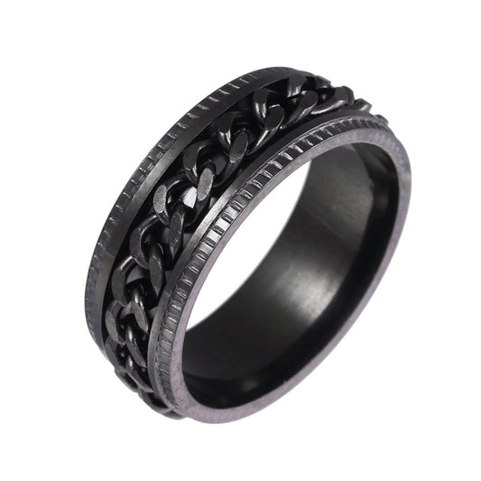 Men's stainless steel turnable chain ring set, black tone, embossed link design
