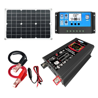 Solar power kit with black inverter, blue controller display, solar panel, and cables