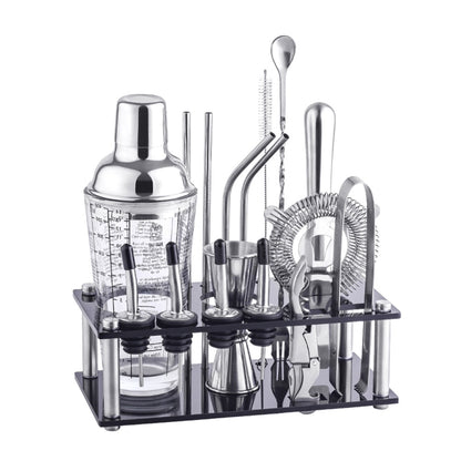 17-in-1 glass cocktail shaker set with stainless tools in clear stand, 400ml