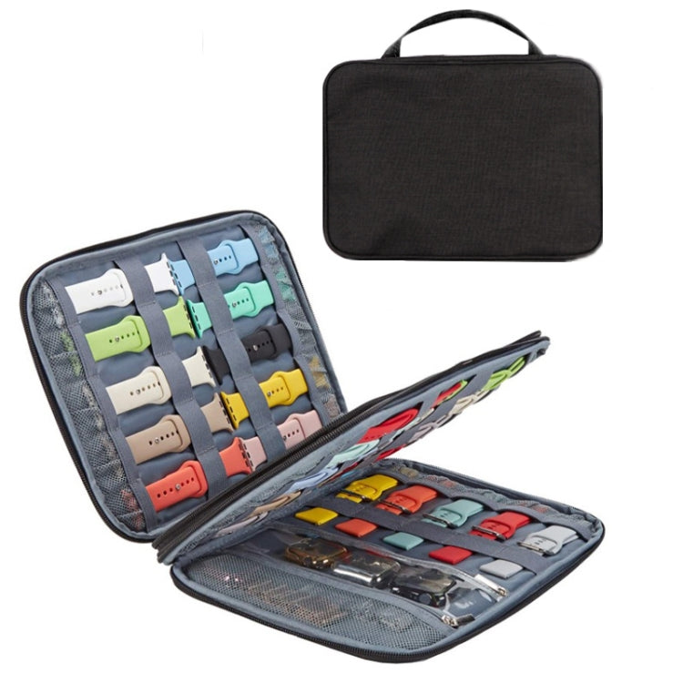 Apple Watch storage bag with long strap, black open organizer with colorful band slots