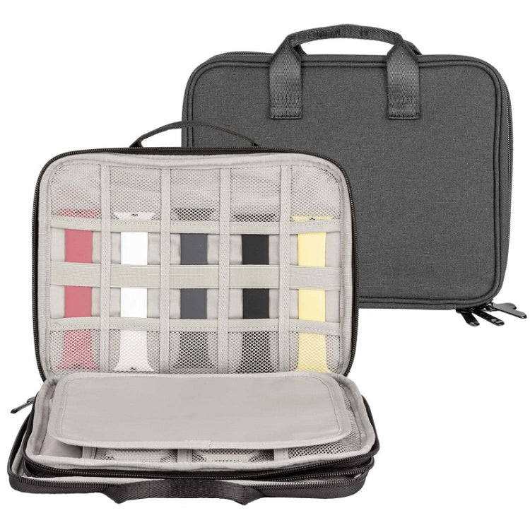 Black double-layer cable organizer bag with open grid compartments and zip closure