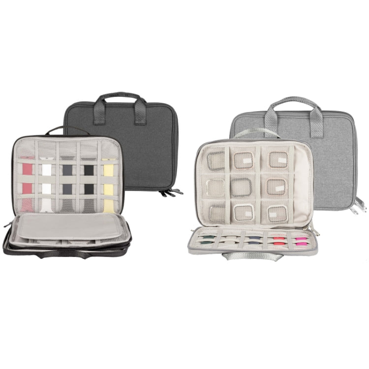 Double-layer cable organizer bags in black and grey, both open to show grid compartments