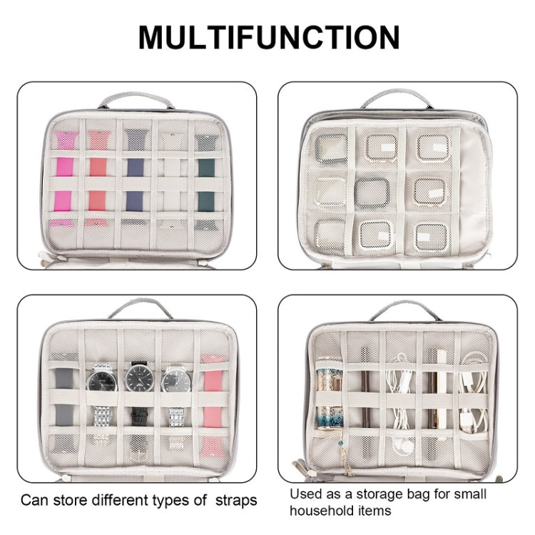 Grey double-layer storage bag with multiple grid pockets for small items and cables