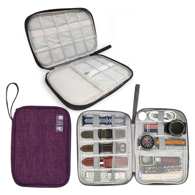 Purple cable storage organizer bag with open case and interior grid pockets