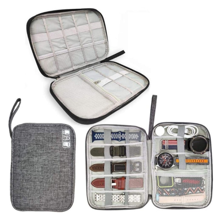 Grey cable storage organizer bag with open case and interior grid pockets
