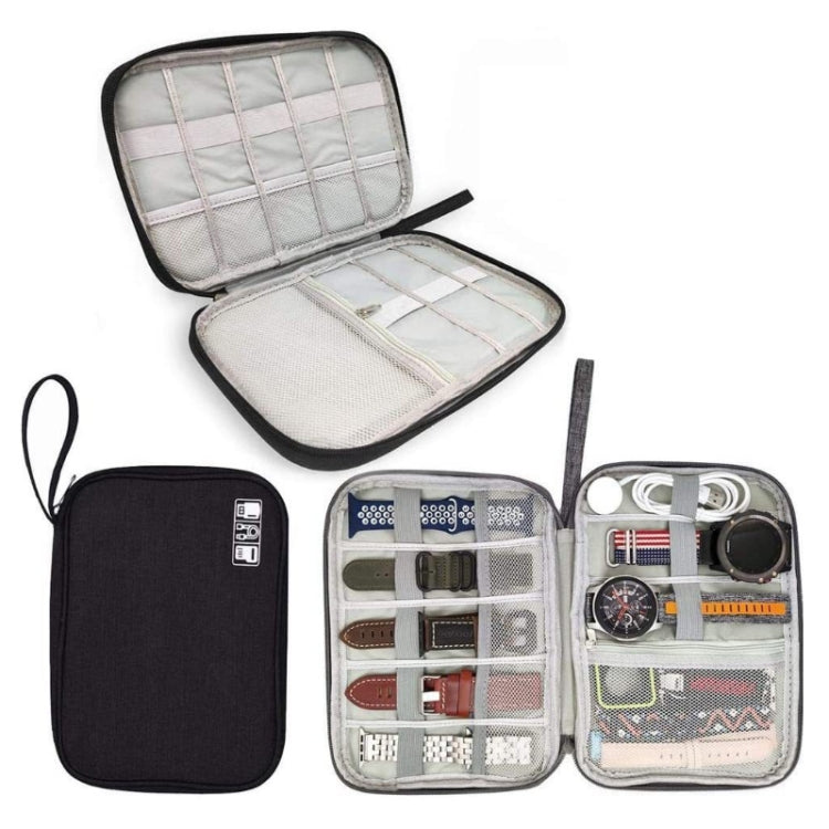 Black cable storage organizer bag with open case and interior grid pockets