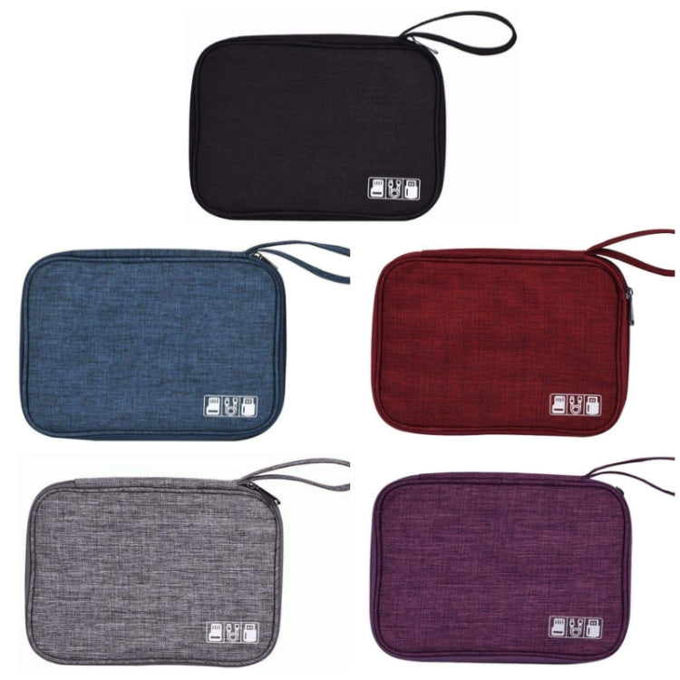 Set of cable storage organizer bags in black, blue, red, grey, and purple