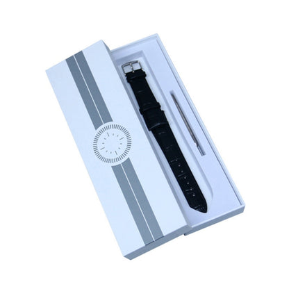 Light blue watch gift box with inner tray, striped design, open to show black strap