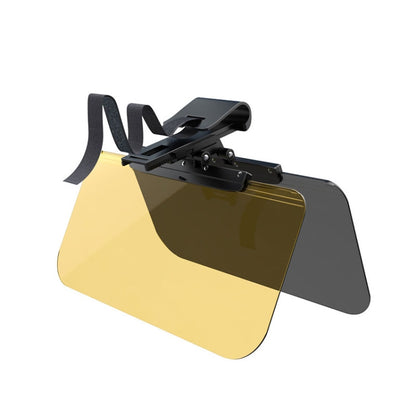 Car anti high-beam visor with yellow and dark lenses, black frame, adjustable mount