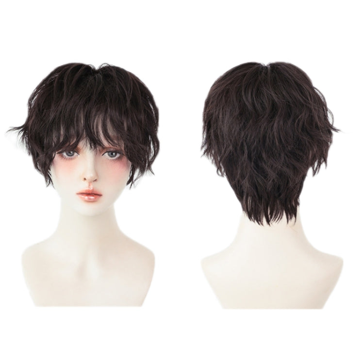 Short dark brown wig front and back views, shaggy layered cut