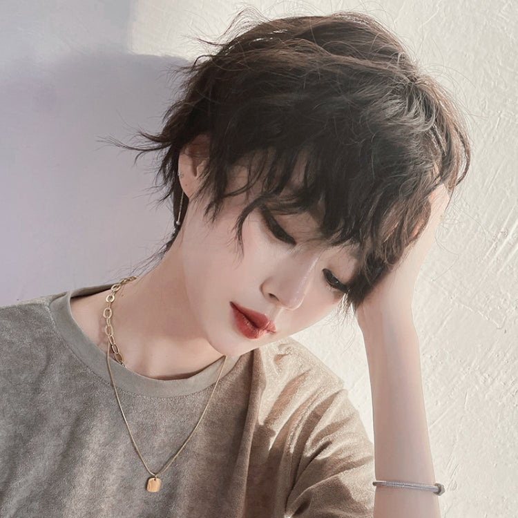 Dark brown short shaggy wig with natural bangs and tousled volume