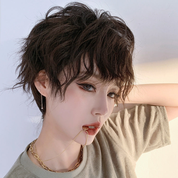 Dark brown short shaggy wig with side-swept bangs and permed texture