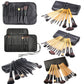 Makeup brush set with black and wood handles, shown in multiple fold-over cases