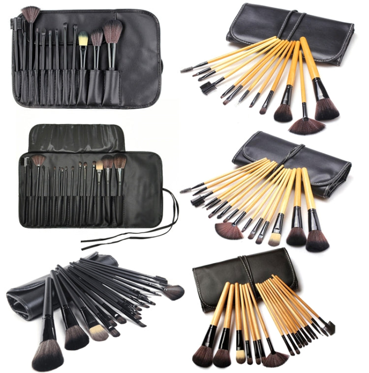 Makeup brush set with black and wood handles, shown in multiple fold-over cases