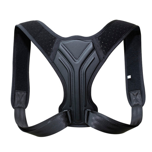 Black posture correction belt featuring padded center back support and wide shoulder straps
