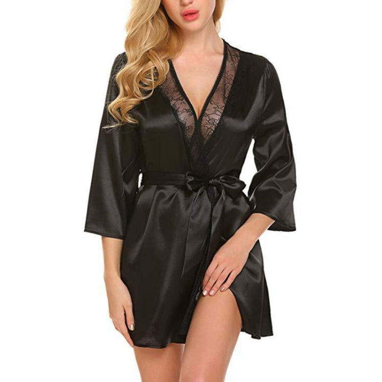 Black satin nightgown with lace V-neck trim and tie belt, 3/4 sleeves